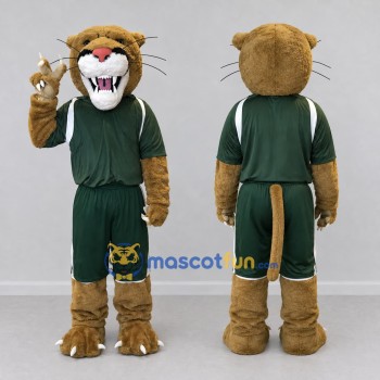 Custom Brown and Green Big Cat in Sportswear Mascot Costume Adult Full Body Suit for Sports Events
