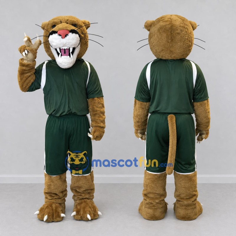 Custom Brown and Green Big Cat in Sportswear Mascot Costume Adult Full Body Suit for Sports Events Custom Brown and Green Big Cat in Sportswear Mascot Costume Adult Full Body Suit for Sports Events