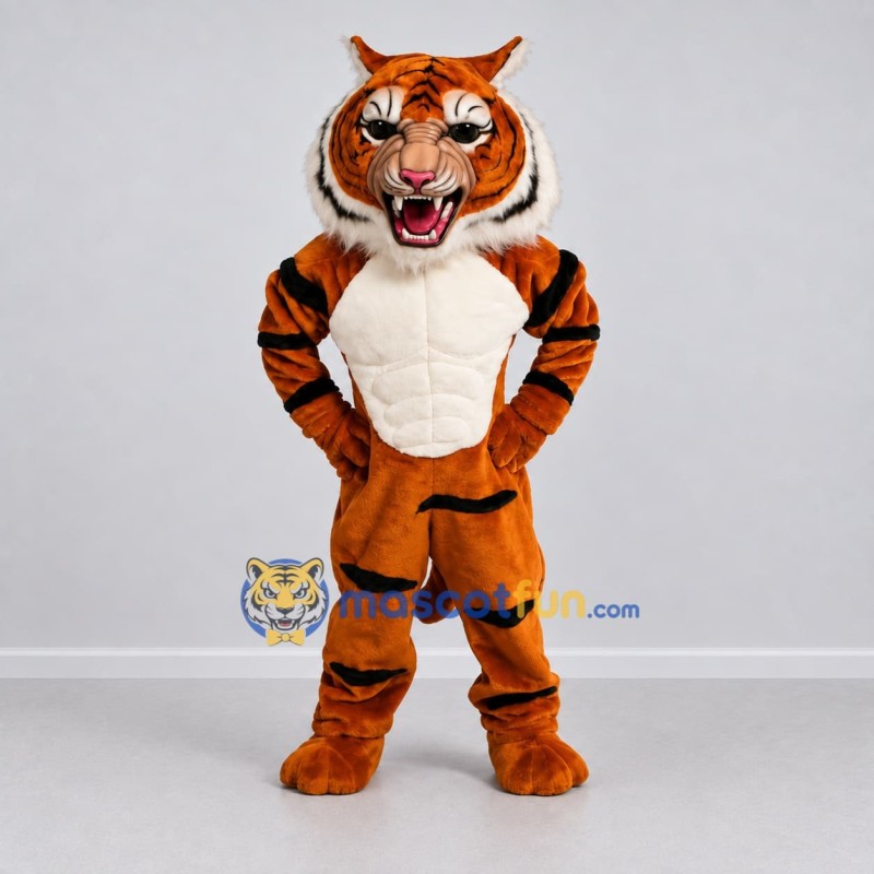 Custom Orange Black and White Muscular Tiger Mascot Costume Adult Full Body Suit for Sports Events Custom Orange Black and White Muscular Tiger Mascot Costume Adult Full Body Suit for Sports Events