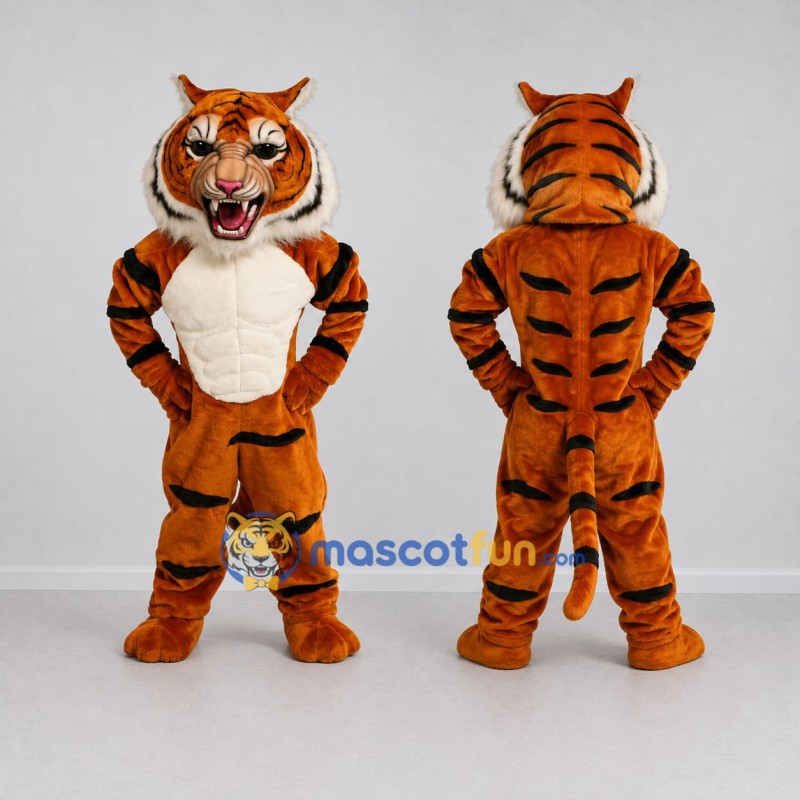 Custom Orange Black and White Muscular Tiger Mascot Costume Adult Full Body Suit for Sports Events Custom Orange Black and White Muscular Tiger Mascot Costume Adult Full Body Suit for Sports Events