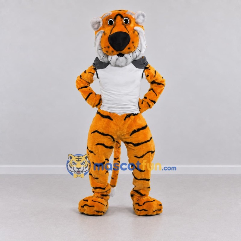 Custom Yellow Black and White Tiger in T-Shirt Mascot Costume Adult Full Body Suit for Sports Events Custom Yellow Black and White Tiger in T-Shirt Mascot Costume Adult Full Body Suit for Sports Events
