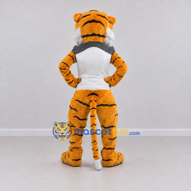 Custom Yellow Black and White Tiger in T-Shirt Mascot Costume Adult Full Body Suit for Sports Events Custom Yellow Black and White Tiger in T-Shirt Mascot Costume Adult Full Body Suit for Sports Events