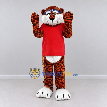 Custom Orange Black and Red Tiger in T-Shirt Mascot Costume Adult Full Body Suit for Sports Events Custom Orange Black and Red Tiger in T-Shirt Mascot Costume Adult Full Body Suit for Sports Events