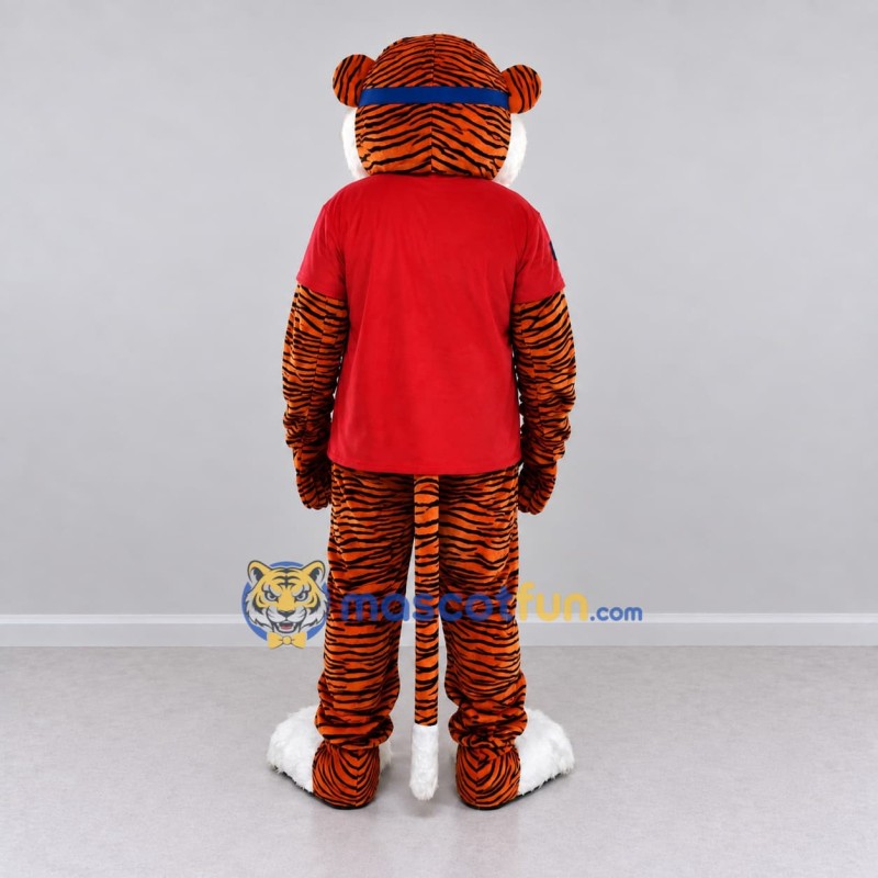 Custom Orange Black and Red Tiger in T-Shirt Mascot Costume Adult Full Body Suit for Sports Events Custom Orange Black and Red Tiger in T-Shirt Mascot Costume Adult Full Body Suit for Sports Events
