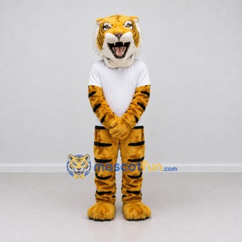 Custom Yellow Black and White Tiger in T-Shirt Mascot Costume Adult Full Body Suit for Sports Events Custom Yellow Black and White Tiger in T-Shirt Mascot Costume Adult Full Body Suit for Sports Events