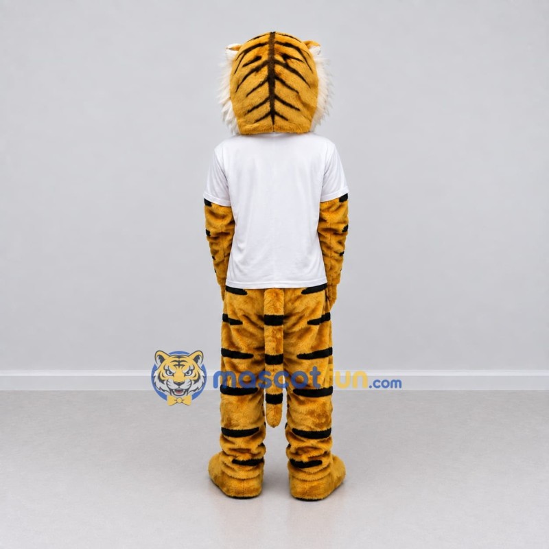 Custom Yellow Black and White Tiger in T-Shirt Mascot Costume Adult Full Body Suit for Sports Events Custom Yellow Black and White Tiger in T-Shirt Mascot Costume Adult Full Body Suit for Sports Events