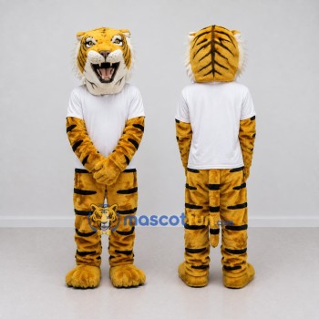Custom Yellow Black and White Tiger in T-Shirt Mascot Costume Adult Full Body Suit for Sports Events