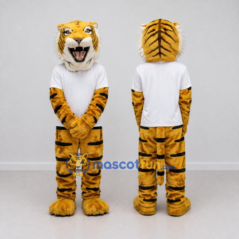 Custom Yellow Black and White Tiger in T-Shirt Mascot Costume Adult Full Body Suit for Sports Events Custom Yellow Black and White Tiger in T-Shirt Mascot Costume Adult Full Body Suit for Sports Events