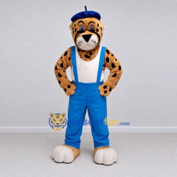 Custom Tan Black and Blue Spotted Cat in Overalls Mascot Costume Adult Full Body Suit for Themed Parties