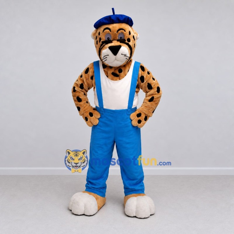 Custom Tan Black and Blue Spotted Cat in Overalls Mascot Costume Adult Full Body Suit for Themed Parties Custom Tan Black and Blue Spotted Cat in Overalls Mascot Costume Adult Full Body Suit for Themed Parties