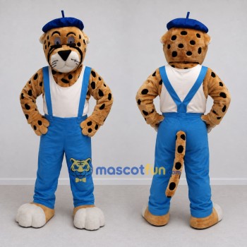 Custom Tan Black and Blue Spotted Cat in Overalls Mascot Costume Adult Full Body Suit for Themed Parties