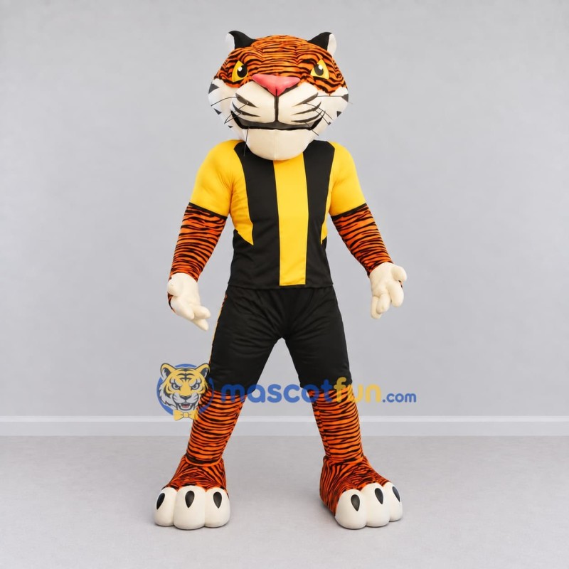 Custom Orange Yellow and Black Tiger in Sportswear Mascot Costume Adult Full Body Suit for Sports Events Custom Orange Yellow and Black Tiger in Sportswear Mascot Costume Adult Full Body Suit for Sports Events