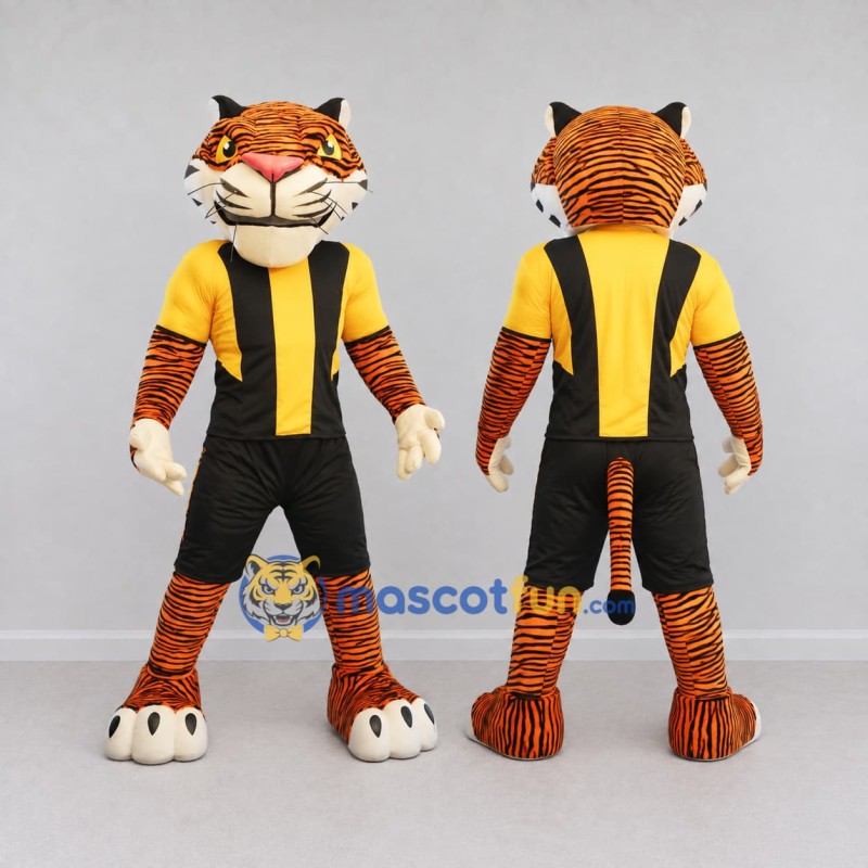 Custom Orange Yellow and Black Tiger in Sportswear Mascot Costume Adult Full Body Suit for Sports Events Custom Orange Yellow and Black Tiger in Sportswear Mascot Costume Adult Full Body Suit for Sports Events