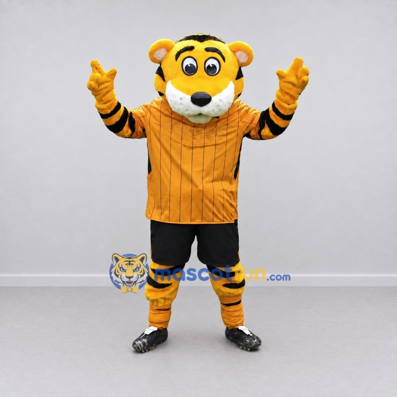 Custom Yellow Orange and Black Tiger in Sportswear Mascot Costume Adult Full Body Suit for Sports Events Custom Yellow Orange and Black Tiger in Sportswear Mascot Costume Adult Full Body Suit for Sports Events