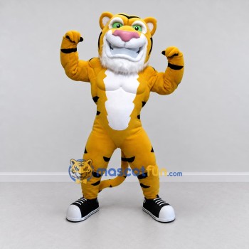 Custom Yellow Black and White Muscular Tiger Mascot Costume Adult Full Body Suit for Sports Events Custom Yellow Black and White Muscular Tiger Mascot Costume Adult Full Body Suit for Sports Events