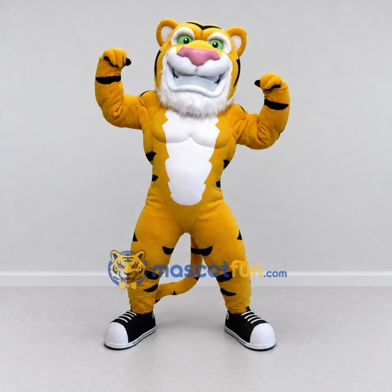 Custom Yellow Black and White Muscular Tiger Mascot Costume Adult Full Body Suit for Sports Events Custom Yellow Black and White Muscular Tiger Mascot Costume Adult Full Body Suit for Sports Events