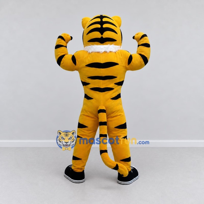 Custom Yellow Black and White Muscular Tiger Mascot Costume Adult Full Body Suit for Sports Events Custom Yellow Black and White Muscular Tiger Mascot Costume Adult Full Body Suit for Sports Events