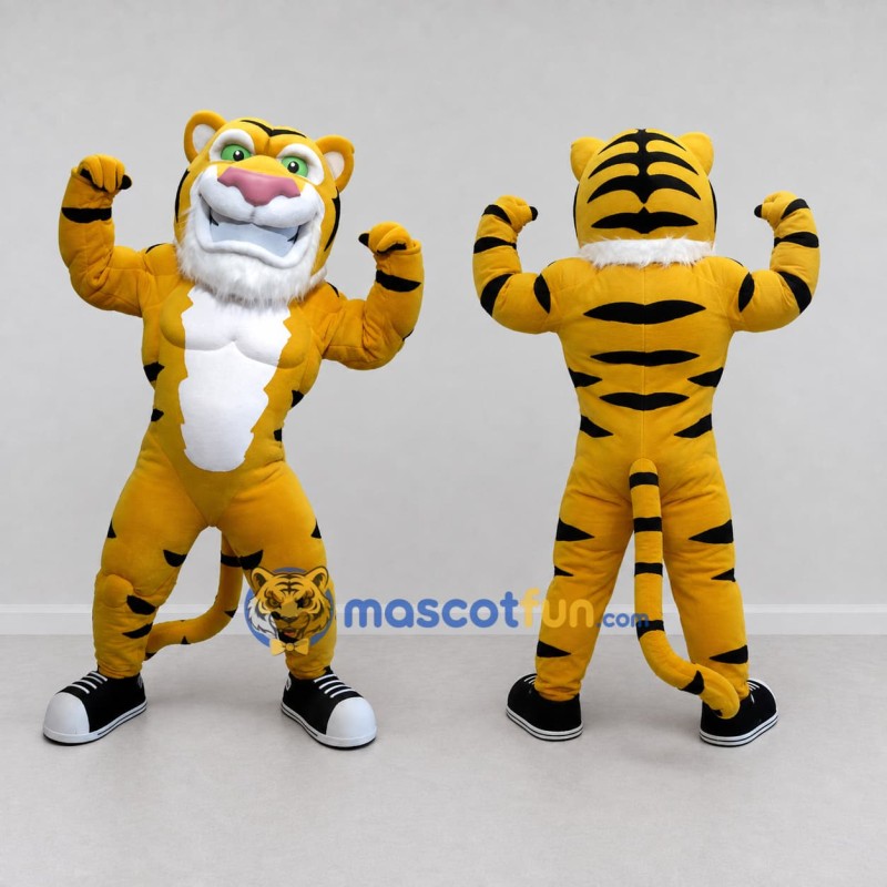 Custom Yellow Black and White Muscular Tiger Mascot Costume Adult Full Body Suit for Sports Events Custom Yellow Black and White Muscular Tiger Mascot Costume Adult Full Body Suit for Sports Events