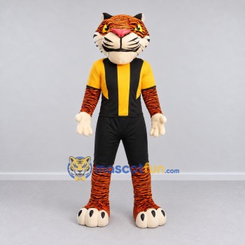 Custom Orange Yellow and Black Tiger in Sportswear Mascot Costume Adult Full Body Suit for Sports Events Custom Orange Yellow and Black Tiger in Sportswear Mascot Costume Adult Full Body Suit for Sports Events