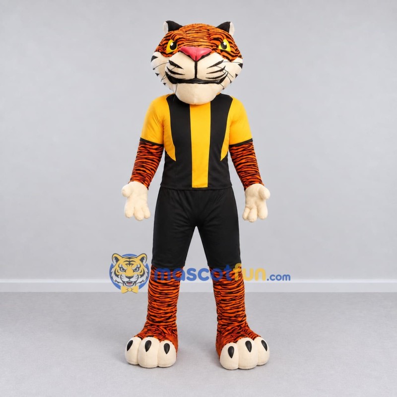Custom Orange Yellow and Black Tiger in Sportswear Mascot Costume Adult Full Body Suit for Sports Events Custom Orange Yellow and Black Tiger in Sportswear Mascot Costume Adult Full Body Suit for Sports Events