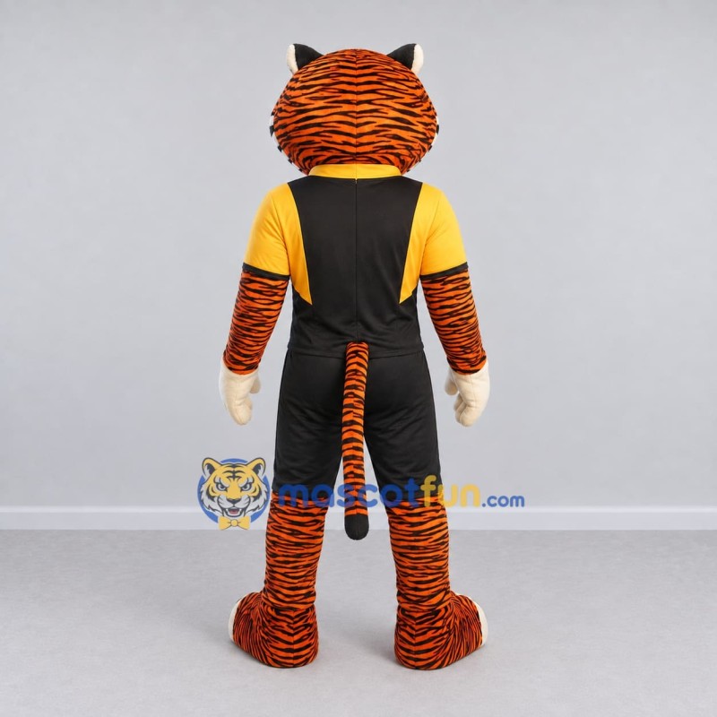 Custom Orange Yellow and Black Tiger in Sportswear Mascot Costume Adult Full Body Suit for Sports Events Custom Orange Yellow and Black Tiger in Sportswear Mascot Costume Adult Full Body Suit for Sports Events