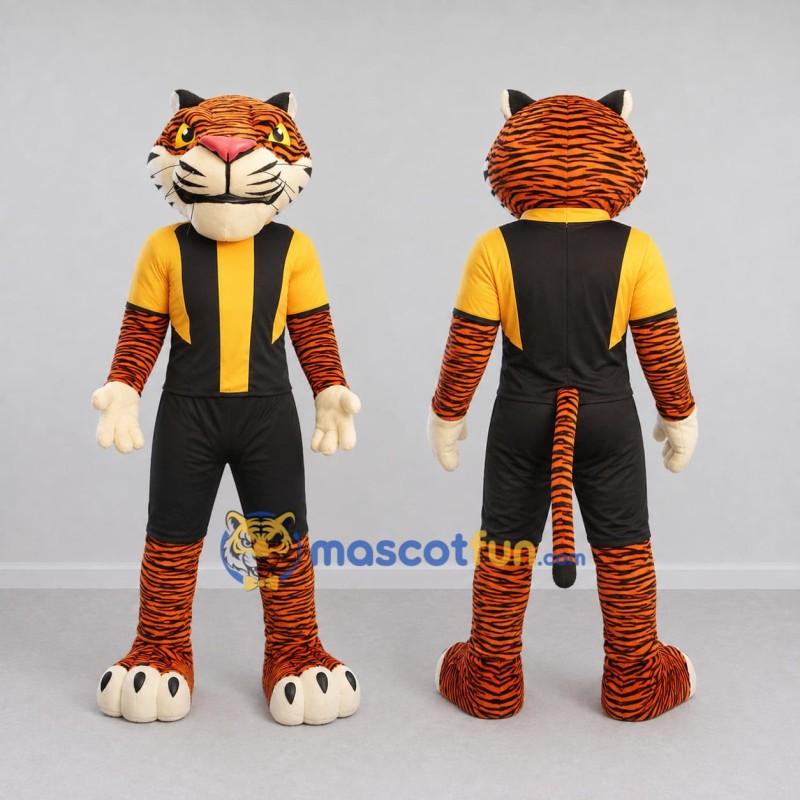 Custom Orange Yellow and Black Tiger in Sportswear Mascot Costume Adult Full Body Suit for Sports Events Custom Orange Yellow and Black Tiger in Sportswear Mascot Costume Adult Full Body Suit for Sports Events