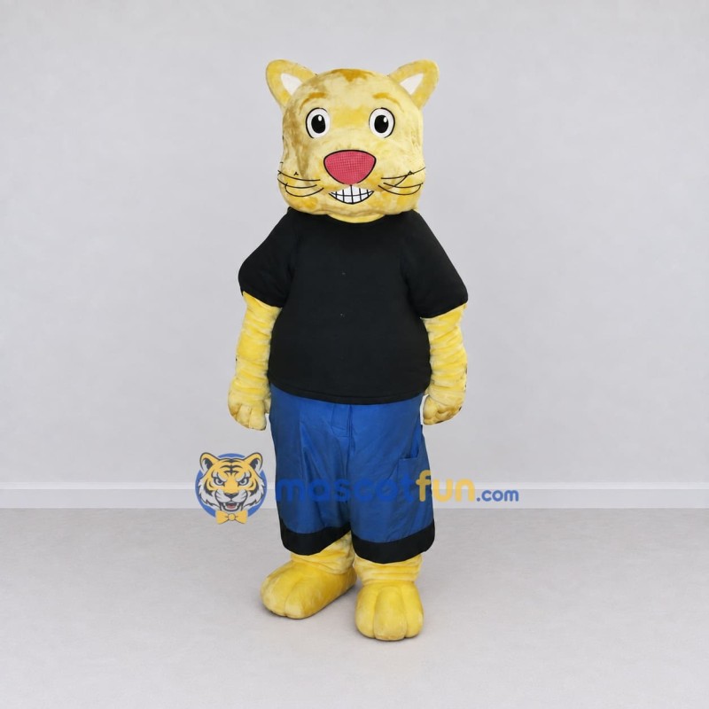 Custom Yellow Black and Blue Cat in T-Shirt Mascot Costume Adult Full Body Suit for School Events Custom Yellow Black and Blue Cat in T-Shirt Mascot Costume Adult Full Body Suit for School Events
