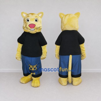 Custom Yellow Black and Blue Cat in T-Shirt Mascot Costume Adult Full Body Suit for School Events