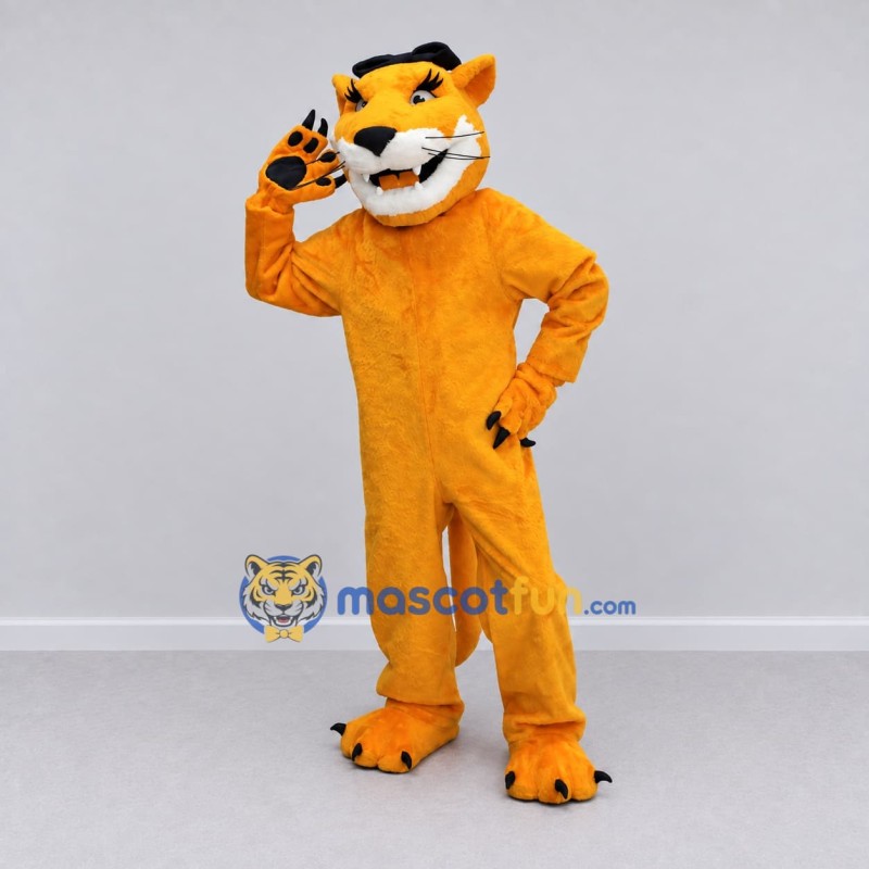 Custom Golden Yellow and Black Big Cat in Beret Mascot Costume Adult Full Body Suit for Themed Parties Custom Golden Yellow and Black Big Cat in Beret Mascot Costume Adult Full Body Suit for Themed Parties