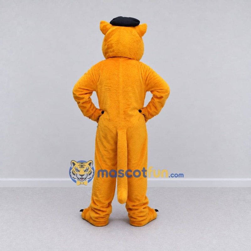 Custom Golden Yellow and Black Big Cat in Beret Mascot Costume Adult Full Body Suit for Themed Parties Custom Golden Yellow and Black Big Cat in Beret Mascot Costume Adult Full Body Suit for Themed Parties