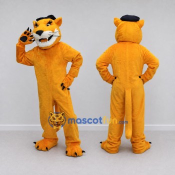 Custom Golden Yellow and Black Big Cat in Beret Mascot Costume Adult Full Body Suit for Themed Parties