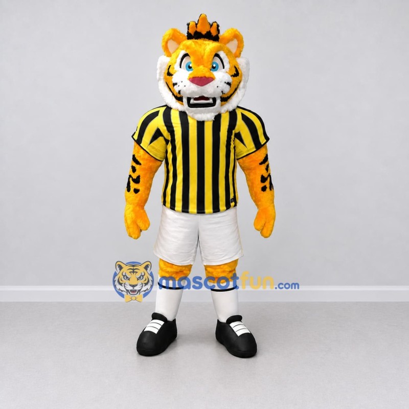 Custom Yellow Black and White Tiger in Striped Jersey Mascot Costume Adult Full Body Suit for Sports Events Custom Yellow Black and White Tiger in Striped Jersey Mascot Costume Adult Full Body Suit for Sports Events