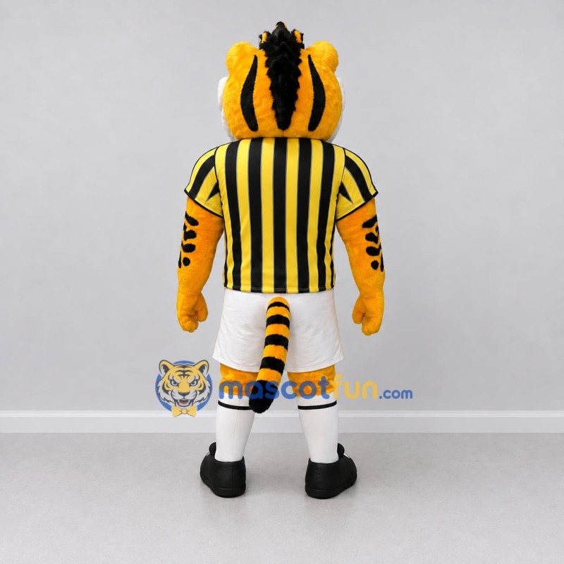 Custom Yellow Black and White Tiger in Striped Jersey Mascot Costume Adult Full Body Suit for Sports Events Custom Yellow Black and White Tiger in Striped Jersey Mascot Costume Adult Full Body Suit for Sports Events