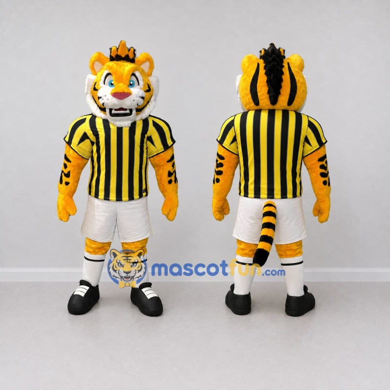 Custom Yellow Black and White Tiger in Striped Jersey Mascot Costume Adult Full Body Suit for Sports Events Custom Yellow Black and White Tiger in Striped Jersey Mascot Costume Adult Full Body Suit for Sports Events