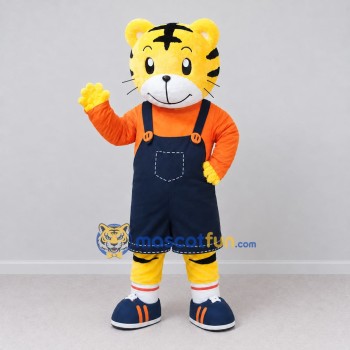Custom Yellow Orange and Navy Blue Tiger in Overalls Mascot Costume Adult Full Body Suit for School Events Custom Yellow Orange and Navy Blue Tiger in Overalls Mascot Costume Adult Full Body Suit for School Events