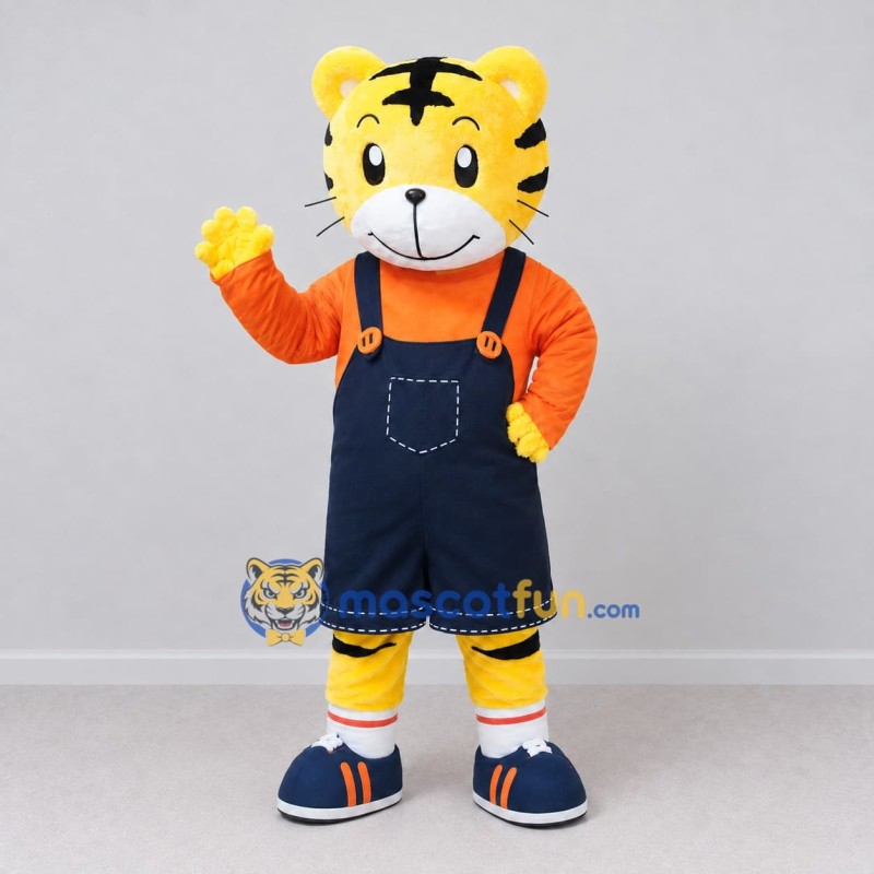 Custom Yellow Orange and Navy Blue Tiger in Overalls Mascot Costume Adult Full Body Suit for School Events Custom Yellow Orange and Navy Blue Tiger in Overalls Mascot Costume Adult Full Body Suit for School Events