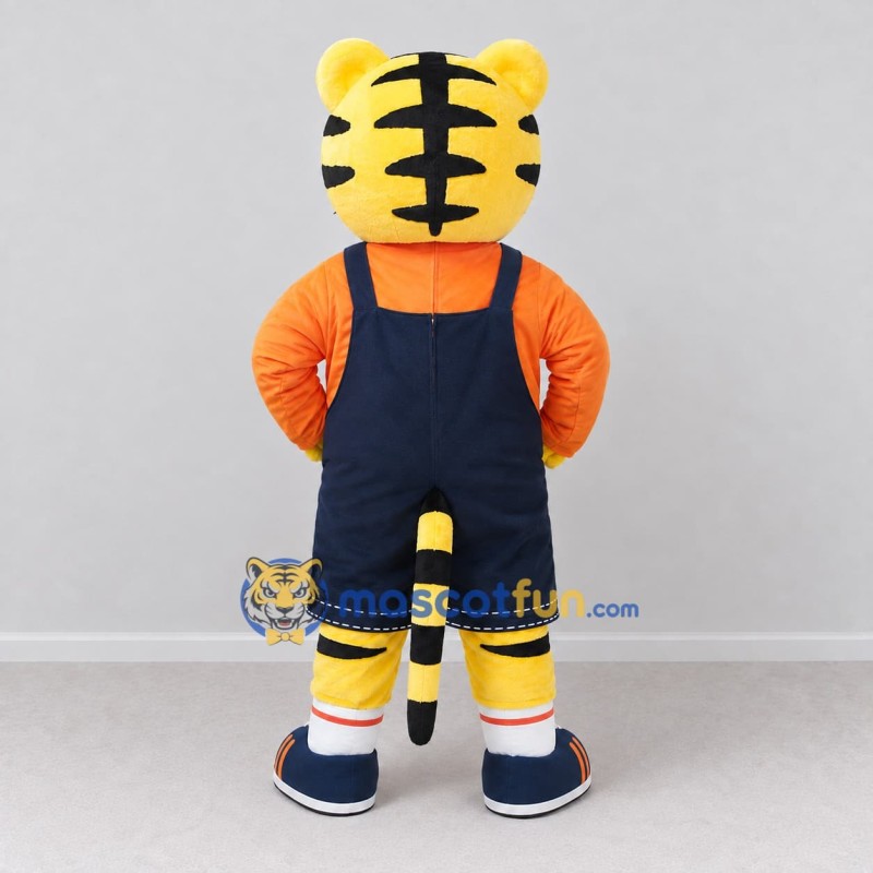 Custom Yellow Orange and Navy Blue Tiger in Overalls Mascot Costume Adult Full Body Suit for School Events Custom Yellow Orange and Navy Blue Tiger in Overalls Mascot Costume Adult Full Body Suit for School Events