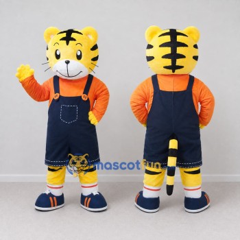 Custom Yellow Orange and Navy Blue Tiger in Overalls Mascot Costume Adult Full Body Suit for School Events