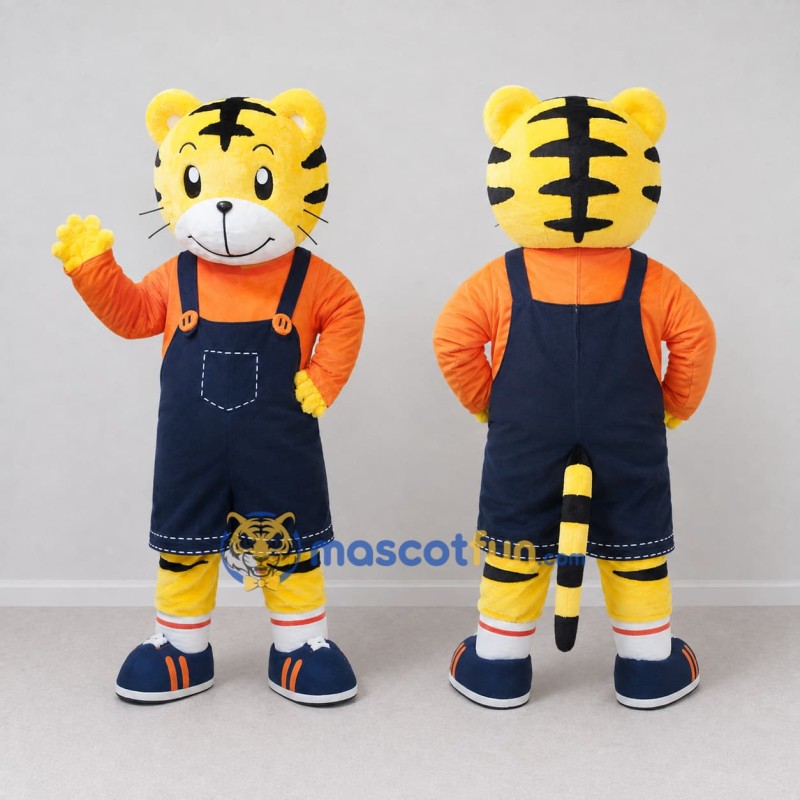 Custom Yellow Orange and Navy Blue Tiger in Overalls Mascot Costume Adult Full Body Suit for School Events Custom Yellow Orange and Navy Blue Tiger in Overalls Mascot Costume Adult Full Body Suit for School Events