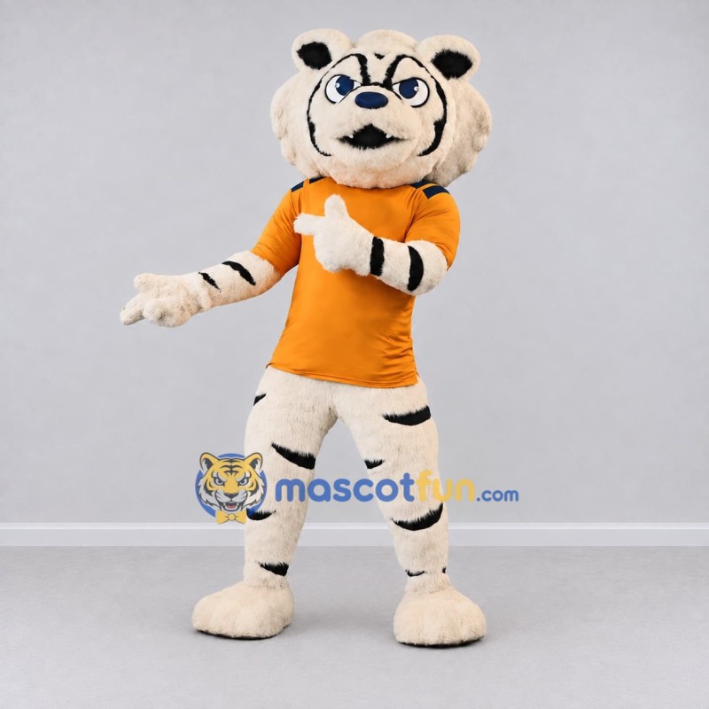 Custom White Black and Orange Tiger in T-Shirt Mascot Costume Adult Full Body Suit for Sports Events Custom White Black and Orange Tiger in T-Shirt Mascot Costume Adult Full Body Suit for Sports Events