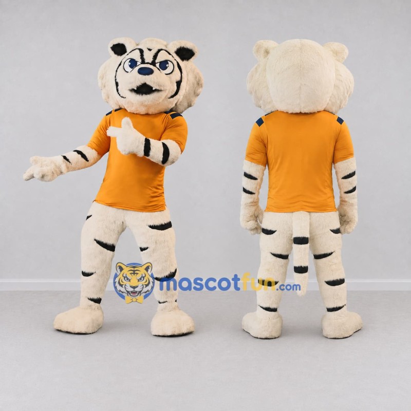 Custom White Black and Orange Tiger in T-Shirt Mascot Costume Adult Full Body Suit for Sports Events Custom White Black and Orange Tiger in T-Shirt Mascot Costume Adult Full Body Suit for Sports Events