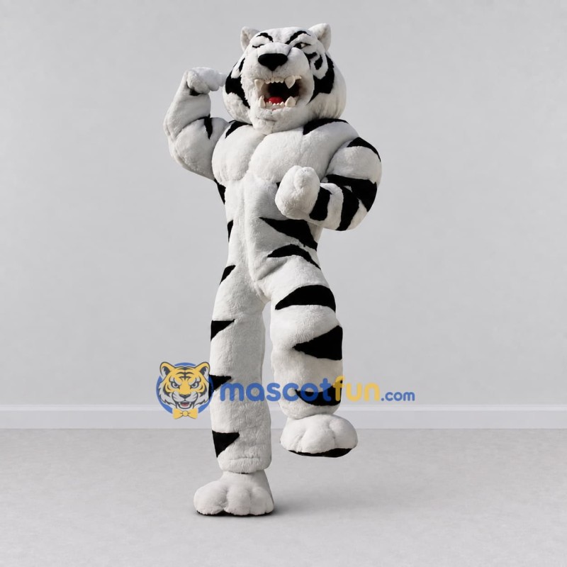 Custom White and Black Muscular White Tiger Mascot Costume Adult Full Body Suit for Sports Events Custom White and Black Muscular White Tiger Mascot Costume Adult Full Body Suit for Sports Events
