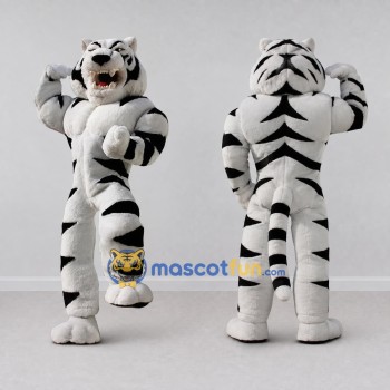 Custom White and Black Muscular White Tiger Mascot Costume Adult Full Body Suit for Sports Events