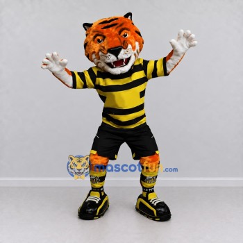 Custom Orange Yellow and Black Tiger in Striped Jersey Mascot Costume Adult Full Body Suit for Sports Events Custom Orange Yellow and Black Tiger in Striped Jersey Mascot Costume Adult Full Body Suit for Sports Events