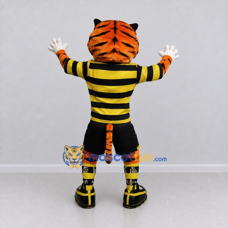 Custom Orange Yellow and Black Tiger in Striped Jersey Mascot Costume Adult Full Body Suit for Sports Events Custom Orange Yellow and Black Tiger in Striped Jersey Mascot Costume Adult Full Body Suit for Sports Events