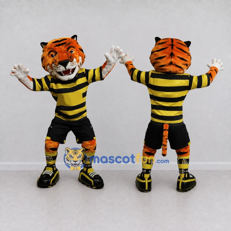 Custom Orange Yellow and Black Tiger in Striped Jersey Mascot Costume Adult Full Body Suit for Sports Events Custom Orange Yellow and Black Tiger in Striped Jersey Mascot Costume Adult Full Body Suit for Sports Events