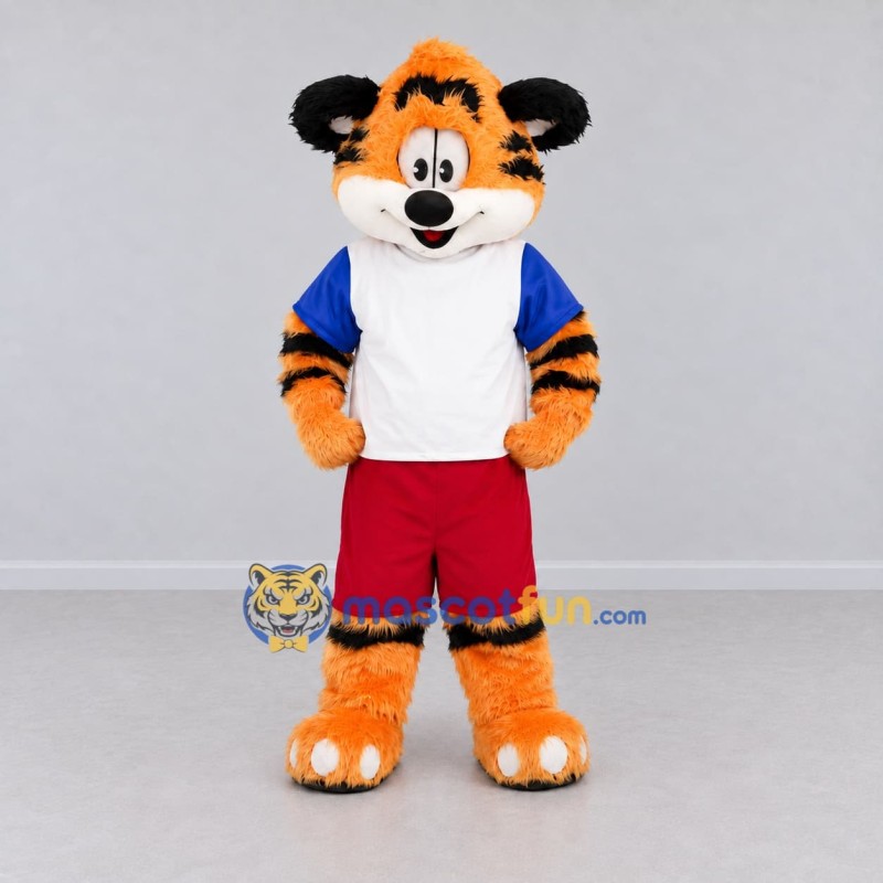 Custom Orange White and Red Tiger in Sportswear Mascot Costume Adult Full Body Suit for Sports Events Custom Orange White and Red Tiger in Sportswear Mascot Costume Adult Full Body Suit for Sports Events