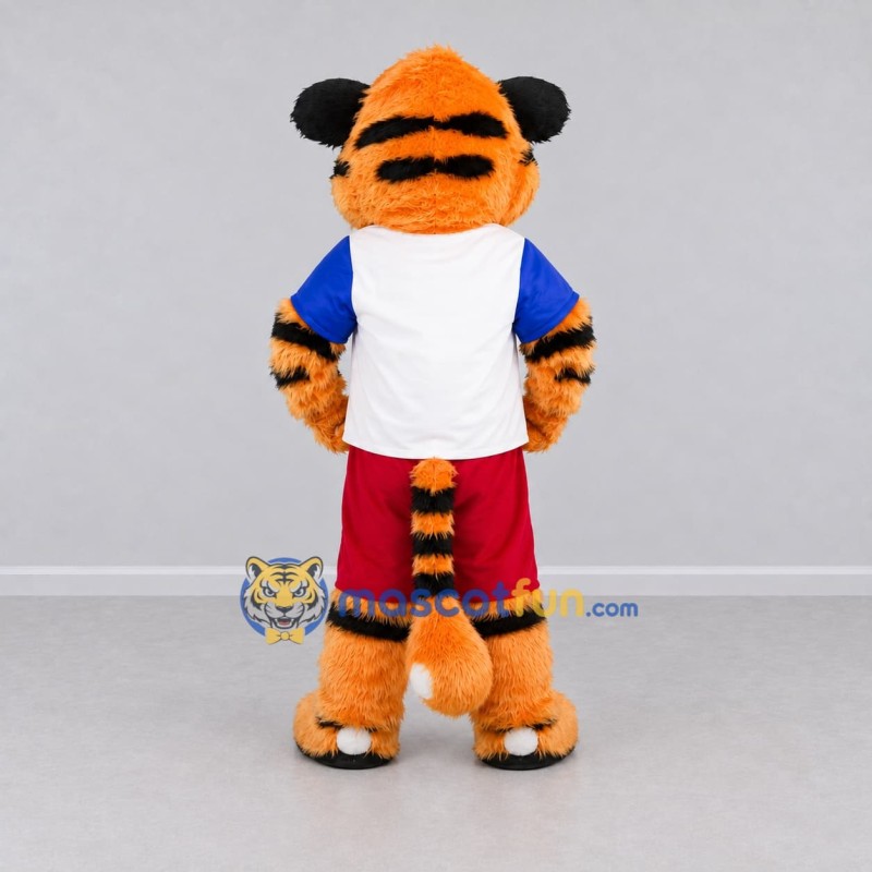 Custom Orange White and Red Tiger in Sportswear Mascot Costume Adult Full Body Suit for Sports Events Custom Orange White and Red Tiger in Sportswear Mascot Costume Adult Full Body Suit for Sports Events