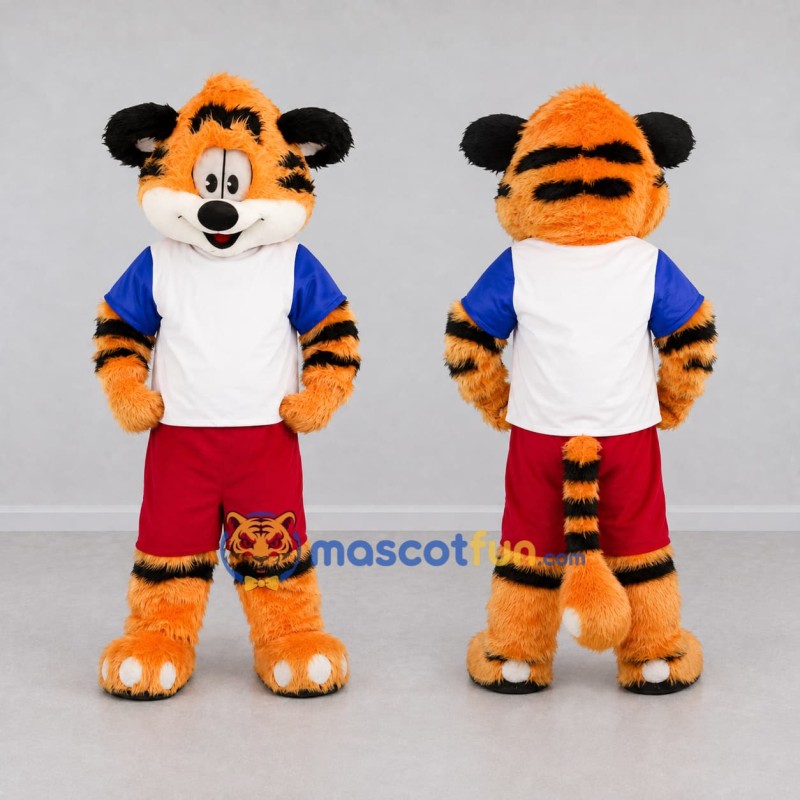 Custom Orange White and Red Tiger in Sportswear Mascot Costume Adult Full Body Suit for Sports Events Custom Orange White and Red Tiger in Sportswear Mascot Costume Adult Full Body Suit for Sports Events