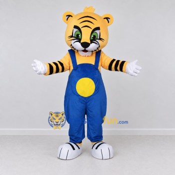 Custom Yellow Black and Blue Tiger in Overalls Mascot Costume Adult Full Body Suit for School Events Custom Yellow Black and Blue Tiger in Overalls Mascot Costume Adult Full Body Suit for School Events